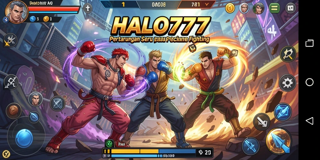 Screenshot utama HALO777 dengan karakter sedang bertarung di arena Fighting.