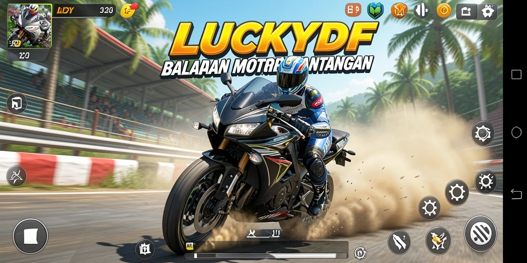 Tampilan gameplay menegangkan dalam LUCKYDF dengan motor balap di trek.