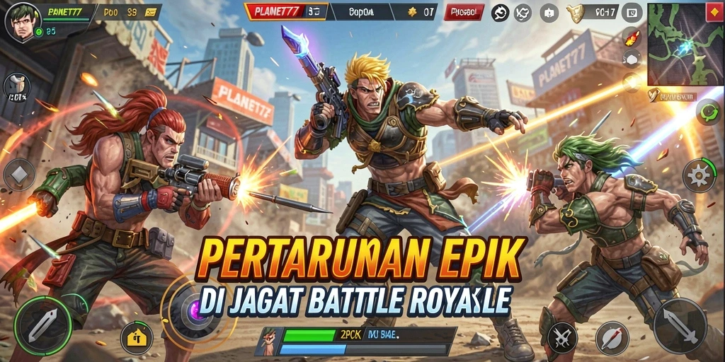 Tampilan gameplay menegangkan dalam PLANET77 saat bertarung dengan pemain lain.