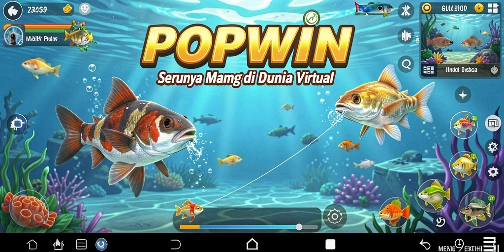 Tampilan gameplay <strong>POPWIN</strong> dengan berbagai ikan dan lokasi memancing menakjubkan.