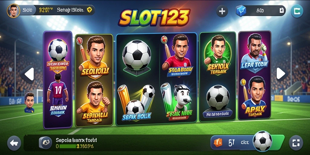 Screenshot utama SLOT123 menampilkan aksi seru dalam permainan sepak bola.