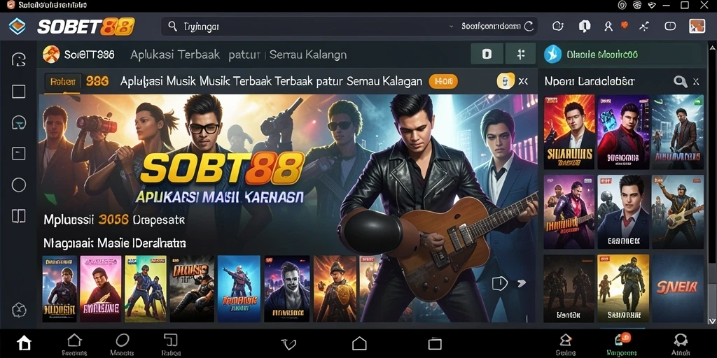 Screenshot utama SOBET88 menunjukkan antarmuka aplikasi dan pemutaran musik yang menarik.